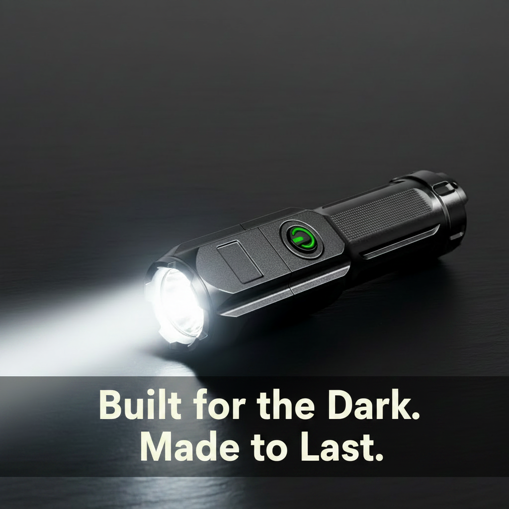 Elvior Tactical Zoom Flashlight with tagline Built for the Dark. Made to Last.