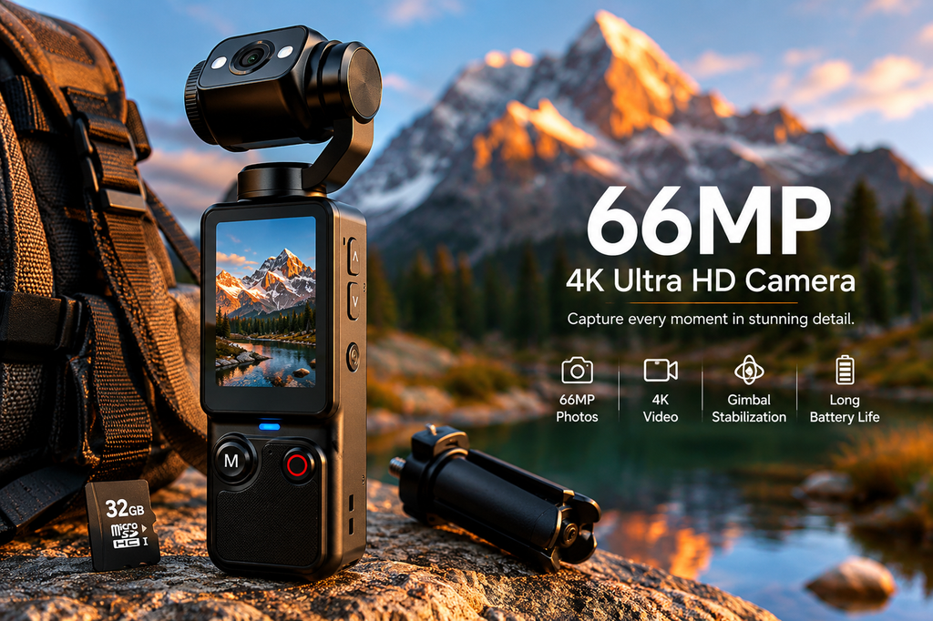 66MP Pocket Gimbal Camera — 3-Axis Stabilization + Free 32GB Card